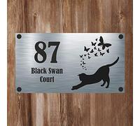 Cat Collection - Black Cat Silhouette 3 Aluminium House Sign Personalised With Your House Name/Number & Street Name