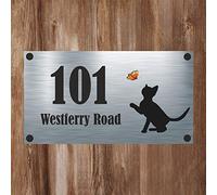 Cat Collection - Black Cat Silhouette 4 Aluminium House Sign Personalised With Your House Name/Number & Street Name