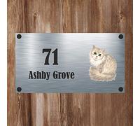 Cat Collection - Fluffy Cat Aluminium House Sign Personalised With Your House Name/Number & Street Name