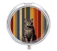 Cat Color Stripes Pill Box 3 Compartment Travel Pill Organizer 3 Times A Day Cute Mini Pill Case for Purse & Pocket Portable Metal Medicine Box with Mirror Round Daily Medicine Vitamin Container