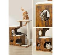 Cat Condo, Medium Tower Featuring Three Beds And A Cave, Mdf And Wood Veneer, Sisal Post, Washable, Rustic Brown