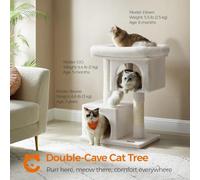 Cat Condo Tree Tower, L, Cat Tower For Big Cats, Perch For Large Cats, 2 Cat Caves, Scratching Post, Cream White