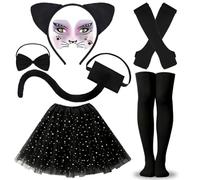 Cat Costume Accessories Set, 7Pcs Black Cat Costumes with Ears Headband Tail Bow tie Tutu Skirt Face Sticker, Socks & Gloves for women Carnival Cosplay Halloween Fancy Dress Party (BLACK CAT)