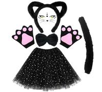 Cat Costume for Halloween - 7 PCS Animal Set Includes Face Stickers, Ears, Bow Tie, Paws, Therian Tail, Tutu - Kids Girls Decorations (Black)