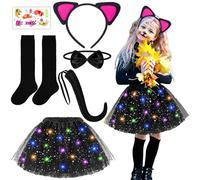 Cat Costumes For Kids, Halloween Costumes, 6PCS Cat Costume Set Includes Cat Ears Headband Luminous Skirt Cat Tail Bow Socks Luminous Sticker, Kids Halloween Costumes Girls for Halloween (Black Cat)