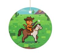 Cat Cowboy Double-Sided Ceramic Christmas Ornaments - Round Hanging Mini Xmas Tree Decorations, Ideas for Farmers, Rustic Home Decor for Indoor Outdoor Tree Decor