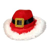 Cat Cowboy Hat | Adjustable Headwear & Clothes with White Plush Trim | Designer Dog Winter Hat with White Plush Trim and Christmas Elements - for C
