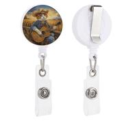 Cat Cowboy Hat Playing Guitar Retractable Badge Holder Reel Clip ID Card Holder for Doctor Nurse Student Office Worker