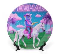 Cat Cowboy with Rifle Rides A Horse on Green Grass Decorative Plate for Display, 2 in 1 Set with Stand & Hook, 7inch Ceramic Decorative Plate Elegant Wall Decor Art Plates for Home Decor, Office, Entr