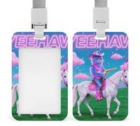 Cat Cowboy with Rifle Rides A Horse on Green Grass Id Badge Holder Retractable Badge Holders Heavy Duty Plastic Id Card Holder with Lanyard Waterproof Name Tag Sleeve for Nurses, Teachers, Office Prof