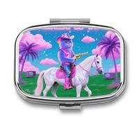 Cat Cowboy with Rifle Rides A Horse on Green Grass Pill Box Travel Pill Organizer 2-Compartment with Mirror Design Portable Square Medicine Case for Vitamins, Jewelry & Essentials Durable Pocket Pillc