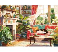 Cat Cozy Puzzles Jigsaw Puzzles 1000 Pieces for Adults, Home Kitten Plants Jigsaw Puzzles with Letters on Back, Impossible Challenging Hard Colorful Modern Art Puzzles Home Decor, 27.5 x 19.7 Inch