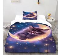 Cat Crescent Moon Bedding Set Theme Bedspread Animal Themes Duvet Cover Set Microfiber Quilt Cover Universal for All Seasons Pillowcase Single（135x200cm）
