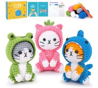 Cat Crochet Kit for Beginners with Video, Frog Shark Crochet Kit Cosplay Animal Knitting Kit Crocheted Animal Kits Complete Kitten Crochet Starter Animals Cosplay Set Beginners Crocheted Cat Kit