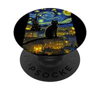 Cat Cute Starry Animal Pet Art Night Illustration City PopSockets Swappable PopGrip