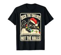 Cat Deck The Shelves Not Halls Funny Christmas Book Santa T-Shirt