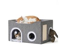 Relaxdays Cat Cave, H x W x D: 34 x 60 x 40 cm, sisal scratch pad, ball, 2 cushions, foldable cat house, grey