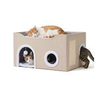 Relaxdays Cat Cave, H x W x D: 34 x 60 x 40 cm, scratching pad, play ball, 2 cat cushions, foldable, beige