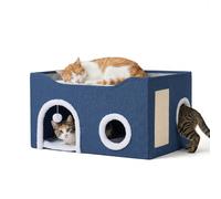 Relaxdays Cat Cave, H x W x D: 34 x 60 x 40 cm, sisal scratch pad, toy ball, 2 cushions, foldable, blue