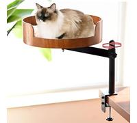 Cat Desk Bed - 360° Rotating & Adjustable Wooden Perch with Washable Pet Mat, Space-Saving Hammock for Home Office/Computer Desks (Wood)
