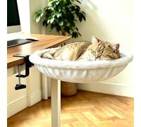 Cat Desk Bed Adjustable Rotating Hammock, Sunken Ergonomic Design, Sturdy Metal Frame & Secure Clamp, Removable Washable Faux Rabbit Cover, Supports Up to 50 lbs for Home Office & Gaming Desk (White)