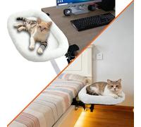 Cat Desk Bed&Cat Hammock for Desk and Bedside,90°Rotating&Height Adjustable | 40 lbs Capacity,Soft Faux Fur with Reversible Mat,23.62x14.57x2.76 inch Modern Beige Cat Perch for Office&Game Tables(White)