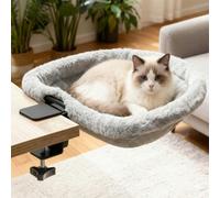 Cat Desk Bed & Clamp on Perch - Sturdy Heavy Duty Metal Hammock Supports 50lbs, Space Saving Home Office & Gaming Furniture, Soft Faux Rabbit Fur with Breathable Mesh, Washable Sunken Design-1Cat Nest