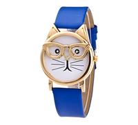 Cat Dial Fashion with Glasses Watch Strap Quartz Women's Women's Watch Mens Watches Leather Strap (Blue, One Size)