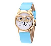 Cat Dial Fashion with Glasses Watch Strap Quartz Women's Women's Watch Talking Watches for The Blind Women (Sky Blue, One Size)