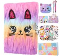 Cat Diary with Lock for Girls, Plush Secret Diary Journal Notebook for Kids with Coin Purse, Multi Color Pen, Sticky Notes, Stickers, Cute Fuzzy Stationary Gifts DIY Journal Kit for Girls Ages