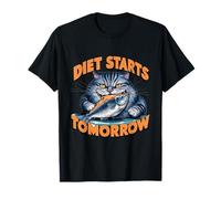 Cat Diet Starts Tomorrow Funny Lazy Cat Eating Fish T-Shirt