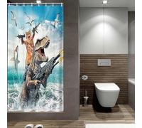 Cat Dinosaur Shower Curtains for Boys, Funny Animal Riding Dino Fighting on Blue Ocean Shower Curtain Sets with Hooks, Hilarious Kids Men Cool Bathroom Set Accessories Decor Beach Theme Curtains