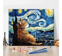 Cat DIY Paint by Numbers Kit for Adults, Cat Under the Stars Canvas Painting by Numbers, Starry Moon Town Animals Oil Painting Acrylic Painting Arts and Craft for Home Decor, 16x20 Inch Frameless