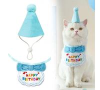 Cat Dog Birthday Outfit Set Puppy Birthday Hat and Happy Birthday Bib Adjustable Elastic Strap Pet Birthday Accessories for Small Dogs Cats Kitten (BLUE)