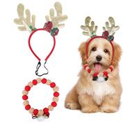 Cat Dog Christmas Outfit - Pet Costume, Headwear, Xmas Small Dog Dress Up, Reindeer Antlers Hat, Pom Pom Collar for Puppy Dog Cat