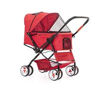 Cat/Dog Stroller Easy One-Hand Fold, 4 Wheel Dog Strollers for Medium Small Dogs, Reversible Push Handle Pet Stroller Puppy & Kitten Carrier Extended Cockpit 25in (Red)