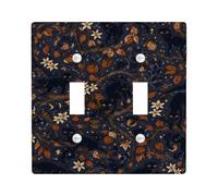 Cat Double Light Switch Cover Plate, Autumn Fanciful Flower Leaf Fall Navy Plastic Standard Size Switch Plate Decorative for Living Room Bedroom Home Office Decor