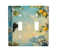 Cat Double Light Switch Cover Plate, Coastal Fanciful Lemon Flower Summer Blue Plastic Standard Size Switch Plate Decorative for Home Living Room New Apartment Decor