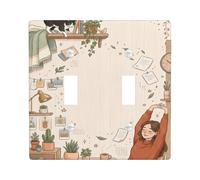 Cat Double Light Switch Cover Plate, Cozy Modern Plants Desk None Neutral Plastic Standard Size Wall Switch Plates Accents for New Apartment Home Bedroom Office Decor