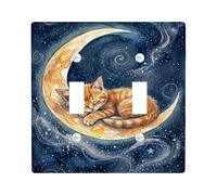 Cat Double Light Switch Cover Plate, Fanciful Fantasy Moon Stars None Blue Plastic Standard Size Toggle Light Switch Cover for New Apartment Home Bedroom Office Decor