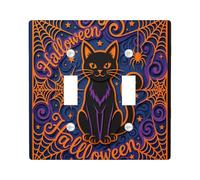 Cat Double Light Switch Cover Plate, Fanciful Festive Spider Web Halloween Black Standard Size Wall Switch Plates Accents for Home Living Room Bedroom Bathroom Decor