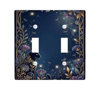 Cat Double Light Switch Cover Plate, Fanciful Nature-Inspired Flowers Leaves Fall Navy Blue Plastic Standard Size Toggle Light Switch Cover for Living Room Bedroom Home Office Decor