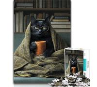 Cat Drinking Coffee Jigsaw Puzzles for Adults 1000 Piece Puzzle,Help The Brain Exercise Addictive Toys to Cultivate Patience A Work of Art 38x26cm