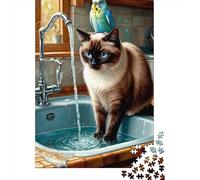 Cat Drinking Water 1000 Piece Paper Siamese Cat at Bathtub Jigsaw Puzzle for Teens Scratch-resistant Brain Training Birthday Present 38x26cm/1000pcs