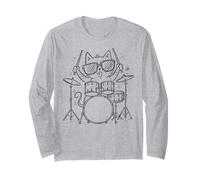 Cat Drummer Hand Drawn Sketch Drawing Drumming Long Sleeve T-Shirt