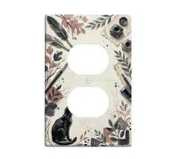 Cat Duplex Outlet Covers Wall Plate, Artistic Vintage Feathers Leaves None Black Plastic Standard Size Double Power Outlet Cover Plate for Living Room Bedroom Home Office Decor