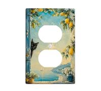 Cat Duplex Outlet Covers Wall Plate, Coastal Fanciful Lemon Flower Summer Blue Plastic Standard Size Double Power Outlet Cover Plate for Home Living Room New Apartment Decor