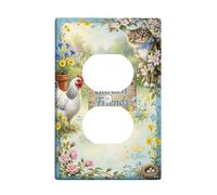 Cat Duplex Outlet Covers Wall Plate, Country Rustic Chicken Flowers Spring Blue Plastic Standard Size Decorative Receptacle Outlet Covers for New Apartment Home Bedroom Office Decor