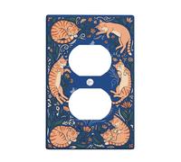 Cat Duplex Outlet Covers Wall Plate, Fanciful Nature-Inspired Flower Leaf Spring Blue Plastic Standard Size Double Power Outlet Cover Plate for Living Room Bedroom Home Office Decor