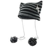 Cat Ear Beanie, Black and Grey Stripes Cat Beanie with Cross & Plush Ball Decor, Stretchy Soft Comfortable Y2K Hat for Women Girls Daily Accessories